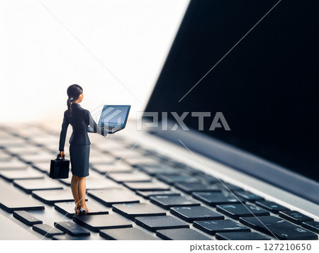 坐在電腦鍵盤上的女性雕像 127210650