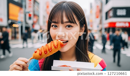 一名女子在街上吃玉米熱狗 127210661
