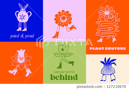 Playful surrealist flowers, houseplants and vases cartoon characters Playful surrealist flowers, houseplants and vases cartoon characters 127210678