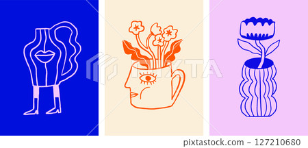 Retro surrealist flowers, houseplants and vases cartoon characters 127210680