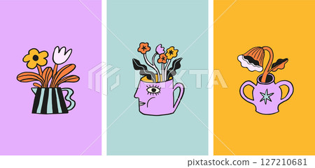 Playful surrealist flowers, houseplants and vases cartoon characters Playful surrealist flowers, houseplants and vases cartoon characters 127210681