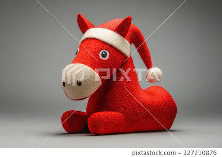 Felt red horse in a santa hat 127210876