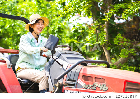 Woman plowing the field with a tractor Woman plowing the field with a tractor 127210887