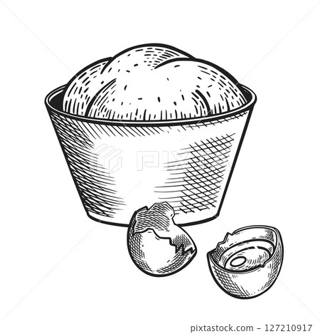 Making dough, baking, bowl with ready dough and cracked chicken egg, all objects are hand drawn in vector in gray color. Vector illustration of cooking. For printing on fabric, paper. Making dough, baking, bowl with ready dough and cracked chicken egg, all objects are hand drawn in vector in gray color. Vector illustration of cooking. For printing on fabric, paper. 127210917