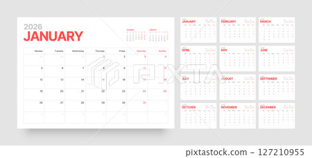 Monthly calendar layout for 2026. Planner diary. 127210955