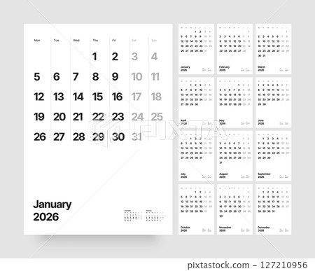 Monthly calendar layout for 2026. Planner diary. 127210956