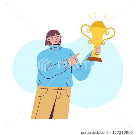 Woman with golden cup prize. Sport and business competition victory gold trophy. Goal achievement. Success person. Goblet first place. Vector cartoon flat isolated illustration 127210966