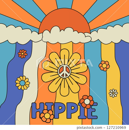 Hippie poster. Cartoon psychedelic banner. Colorful hippy symbols and peace sign. Striped abstract background. Daisy flowers. Rainbow sky. Retro 60s placard. Vector nostalgic surreal card 127210969