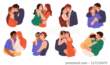Love hug. Kiss lovers, woman or man relationship. Romantic sweetheart boyfriend people, diverse cuddle. Family togetherness, young happy people on date. Vector cartoon characters 127210970