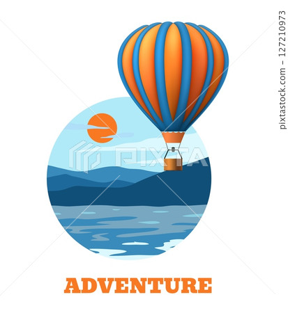 Hot air balloon. Adventure travel. Nature landscape. Wild rock valley. Mountain peaks scenery. Aerial transportation. Sky vehicle. Ballooning flight. Summer tourism. Journey vector banner Hot air balloon. Adventure travel. Nature landscape. Wild rock valley. Mountain peaks scenery. Aerial transportation. Sky vehicle. Ballooning flight. Summer tourism. Journey vector banner 127210973