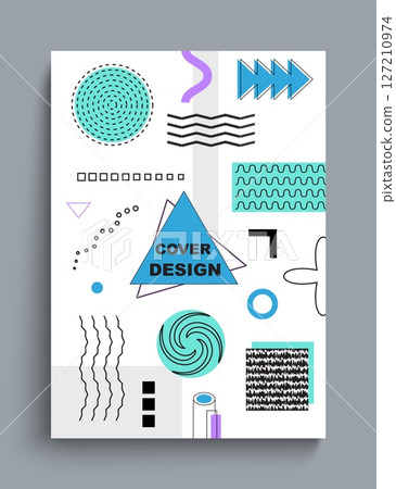 Geometric cover design. Abstract poster. Memphis style banner. Frame with copy space. Contemporary minimalistic composition with figures. Minimal modern background. Vector illustration Geometric cover design. Abstract poster. Memphis style banner. Frame with copy space. Contemporary minimalistic composition with figures. Minimal modern background. Vector illustration 127210974
