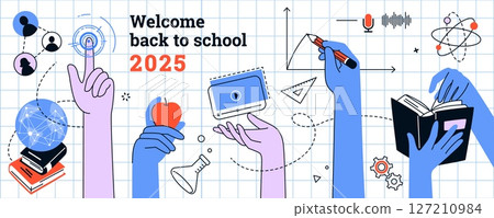 Online school. Training courses icon, online webinar or science lessons, hands hold books, banner deign. Abstract background knowledge symbols, university study. Vector poster students welcome Online school. Training courses icon, online webinar or science lessons, hands hold books, banner deign. Abstract background knowledge symbols, university study. Vector poster students welcome 127210984