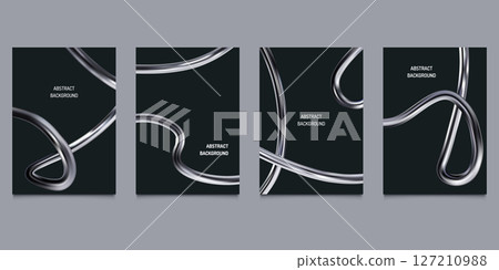 3D chrome shape. Abstract metal y2k spiral. Silver fluid line and steel liquid tube. Swirl bent pipe figure. Polished curl form. Futuristic tech banner. Vector black backgrounds set 127210988