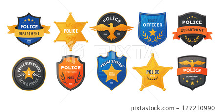 Police logo. Security emblem, agent shield or ranger star, military insignia. Law protect, officer enforcement. Sheriff or agency sign with ribbons. Vector cartoon isolated illustration Police logo. Security emblem, agent shield or ranger star, military insignia. Law protect, officer enforcement. Sheriff or agency sign with ribbons. Vector cartoon isolated illustration 127210990