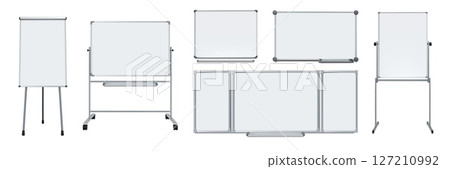 Presentation board. Office whiteboard. 3D school study workshop or education item. Class screen. Chalkboard on wall or tripod. Magnetic noticeboard. Vector isolated white blackboards set Presentation board. Office whiteboard. 3D school study workshop or education item. Class screen. Chalkboard on wall or tripod. Magnetic noticeboard. Vector isolated white blackboards set 127210992