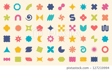 Abstract shapes. Sticker pattern elements, organic flower, star and geometric forms, heart and circle, icon silhouette, graphic label or geometry pop art, y2k frames. Vector design 127210994