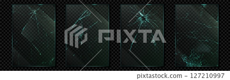 Glass crack. Broken window. Mirror or phone screen with shatters. Break effect or smash pane texture. Demolished transparent glossy surface. Windshield debris. Vector backgrounds set 127210997