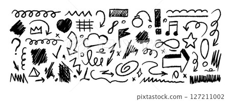 Brush arrow. Line hand drawn chalk shapes. Pencil texture abstract drawings. Square pen simple sketch. Brushstroke design. Crayon doodle symbols. Grunge graphic. Vector black icons set Brush arrow. Line hand drawn chalk shapes. Pencil texture abstract drawings. Square pen simple sketch. Brushstroke design. Crayon doodle symbols. Grunge graphic. Vector black icons set 127211002