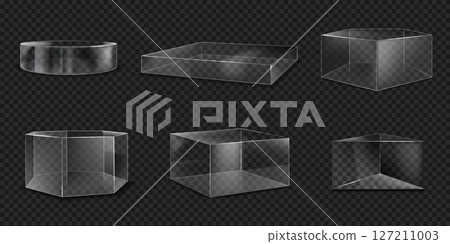 Transparent podium. Glass cylinder or cube. 3D clear box. Product platform display. Plastic pedestal. Plexiglass stand mockup. Glossy abstract figure. Vector render geometric forms set 127211003