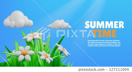 3D summer time banner. Meadow flowers. Spring grass. Garden render blossoms. Daisy leaves. Chamomile plant bouquet and sky clouds. Summertime nature. Vector cartoon season background 3D summer time banner. Meadow flowers. Spring grass. Garden render blossoms. Daisy leaves. Chamomile plant bouquet and sky clouds. Summertime nature. Vector cartoon season background 127211004