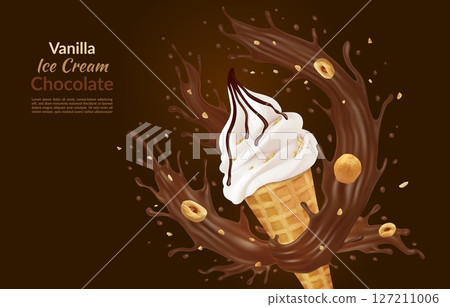 3d ice cream. Soft icecream cone, chocolate swirl and splash with sweet sauce serve. Vanilla milk, crispy waffle glaze and hazelnut flying, promotional banner, summer vector advertising 127211006