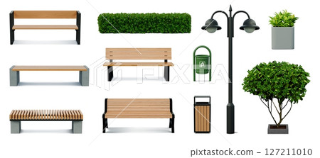 Park bench. 3D wood chair. City lamp and wooden garden furniture. Decorative urban exterior. Outdoor seat with dustbin. Hedge and tree. Urban flashlight. Vector realistic objects set 127211010
