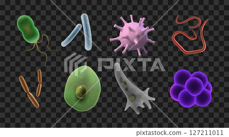 3d bacteria. Virus, bacterium or parasite cell, pathogen skin microorganism or germ. Toxin, allergen or probiotic. Biological science laboratory elements, microbiology object. Vector icons 3d bacteria. Virus, bacterium or parasite cell, pathogen skin microorganism or germ. Toxin, allergen or probiotic. Biological science laboratory elements, microbiology object. Vector icons 127211011
