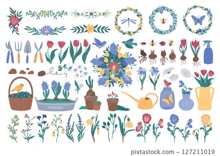Spring flowers. Simple floral plant, cute easter tulip and leaf nature garden. Summer bouquet blossom. Decorative borders and frames, watering can and pots. Vector cartoon isolated pattern 127211019