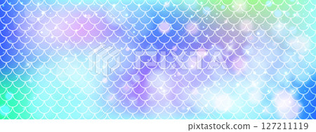 Mermaid scale pattern with soft gradients. Rainbow background with seamless fish or dragon tail texture. Blue decorative layout in vector format. 127211119