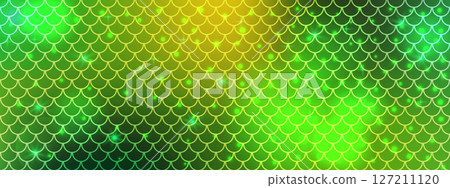 Seamless mermaid pattern in green and yellow tones. Repeating fish scale design with glowing light spots. Ideal for underwater and fantasy themes. Vector illustration. 127211120