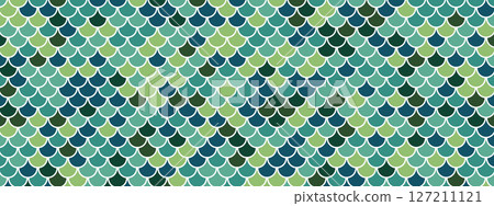 Traditional scale pattern inspired by dragon, fish, and mermaid motifs. Perfect for textiles, prints, and cultural designs. Scalloped backdrop in green. Vector. Traditional scale pattern inspired by dragon, fish, and mermaid motifs. Perfect for textiles, prints, and cultural designs. Scalloped backdrop in green. Vector. 127211121