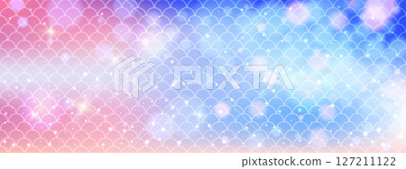 Seamless holographic mermaid background with blue red tones. Repeated scale pattern forms fish tail effect. Pink vector backdrop with marine theme. Seamless holographic mermaid background with blue red tones. Repeated scale pattern forms fish tail effect. Pink vector backdrop with marine theme. 127211122
