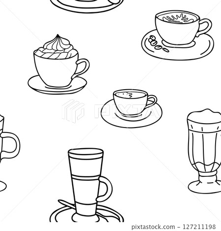 Coffee Seamless Pattern. Cappuccino, Americano or Espresso, with whipped Cream, Latte, Irish or Iced Coffee cocktail. Ink drawing in Doodle style. Ideal for beverage branding, cafe menu and graphic 127211198