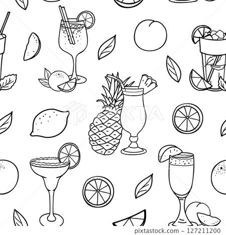 Summer Cocktails and Fruits Seamless pattern. Aperol Spritz, Mojito, Margarita, Bellini and Pina Colada. Hand drawn graphic Vector illustration in Doodle style. 127211200