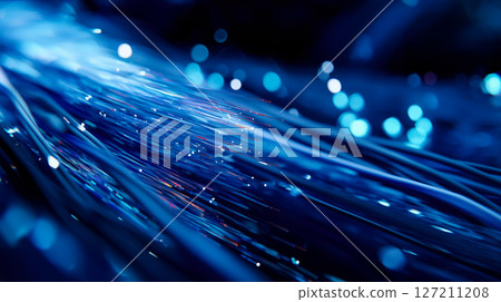 Futuristic close-up of glowing fiber optic cables with blue and red data transmission lights 127211208