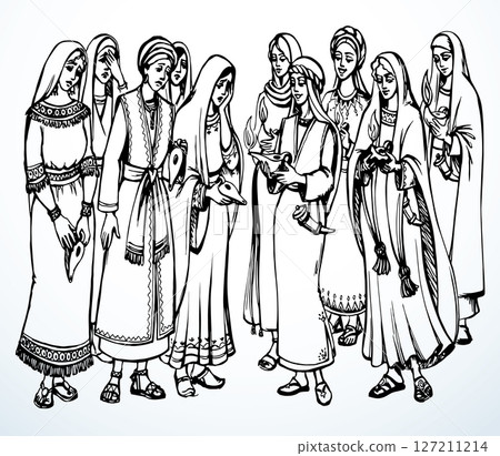 Vector drawing. 10 girls with lamps Vector drawing. 10 girls with lamps 127211214