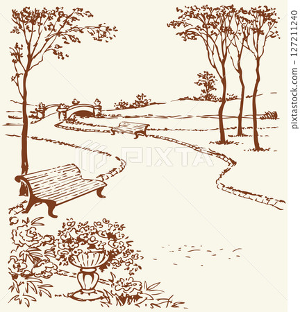Vector landscape. Banches along the alleys of the park 127211240