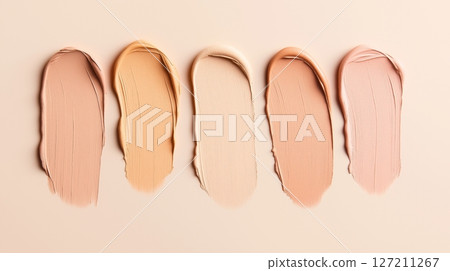 Diverse shades of foundation on light background for skincare and makeup 127211267