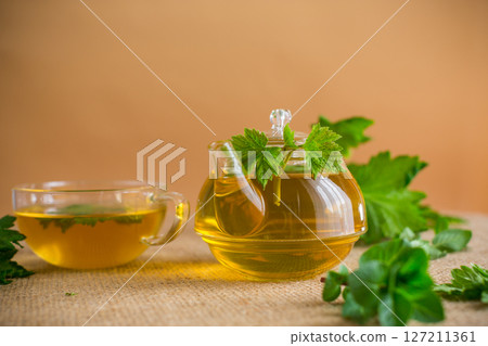 Herbal tea with mint and currant in a transparent teapot Herbal tea with mint and currant in a transparent teapot 127211361