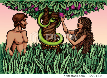Vector drawing. Adam and Eve at the tree Vector drawing. Adam and Eve at the tree 127211449