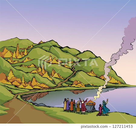 Vector image. Summer landscape with a river flowing among the hills 127211453