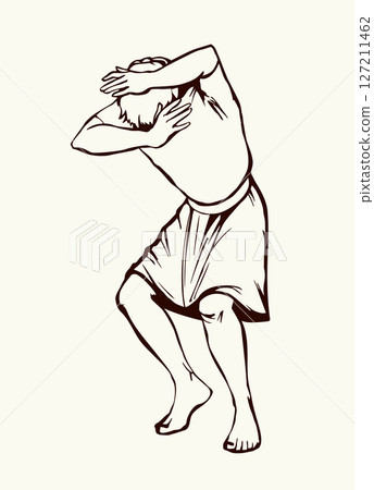 Vector drawing. Man protect himself from the wind 127211462