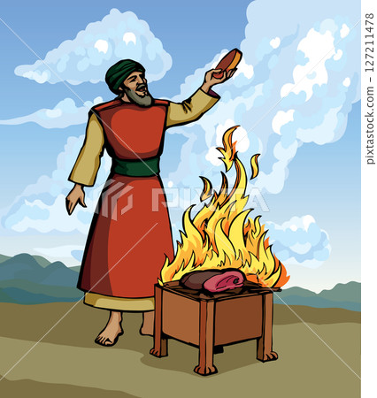 Vector drawing. Man cooking food 127211478