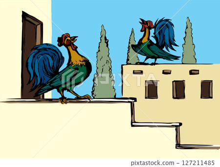 Vector drawing. Singing cock at morning 127211485