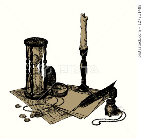 Vector still life: books, compass, hourglass 127211488