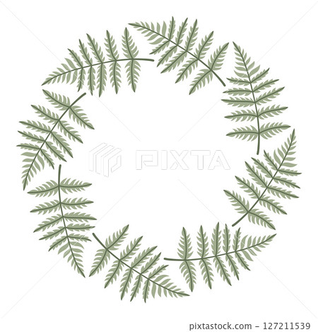 Simple blue fern leaf circle frame. Cute wreath border of autumn leaves. Hello fall. Vector seasonal illustration. Template for poster, postcard. 127211539
