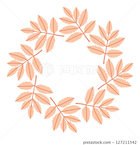 Simple pink rowan leaf circle frame. Cute wreath border of autumn leaves. Hello fall. Vector seasonal illustration. Template for poster, postcard. 127211542