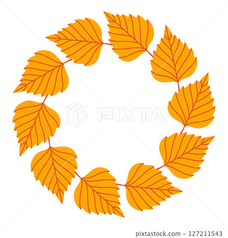 Simple yellow orange birch leaf circle frame. Cute wreath border of autumn leaves. Hello fall. Vector seasonal illustration. Template for poster, postcard. 127211543