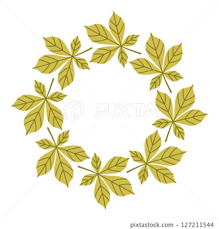 Simple green chestnut leaf circle frame. Cute wreath border of autumn leaves. Hello fall. Vector seasonal illustration. Template for poster, postcard. 127211544