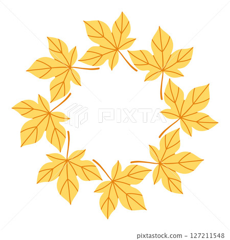 Simple yellow maple leaf circle frame. Cute wreath border of autumn leaves. Hello fall. Vector seasonal illustration. Template for poster, postcard. 127211548